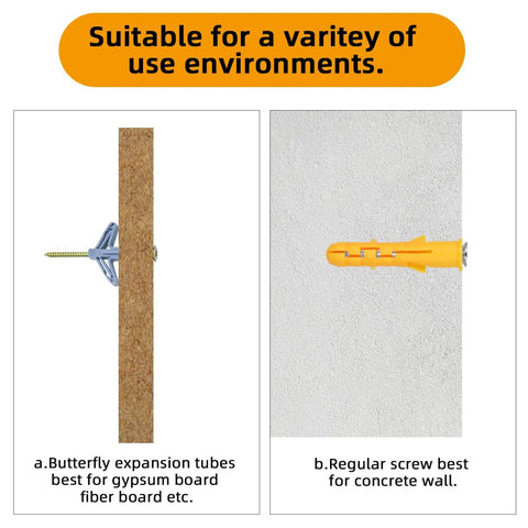 Installation guide showing butterfly expansion tubes for gypsum board and regular screws for concrete walls.