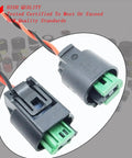 Straight Up Engine Coolant Temperature Sensor Harness Connector Plug Drop In Ready Replacement For 2011 To 2021 Chevy Cruze Sonic Buick Encore Volt showing dual plug design with green connectors and wiring.