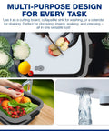 Two Pack XL Collapsible BBQ Prep Tub With Built In Cutting Board Lid And Strainer For Marinating Draining And Prep Big Food Safe Container For Grillin Smokin And Outdoor Cookin Black in use with vegetables
