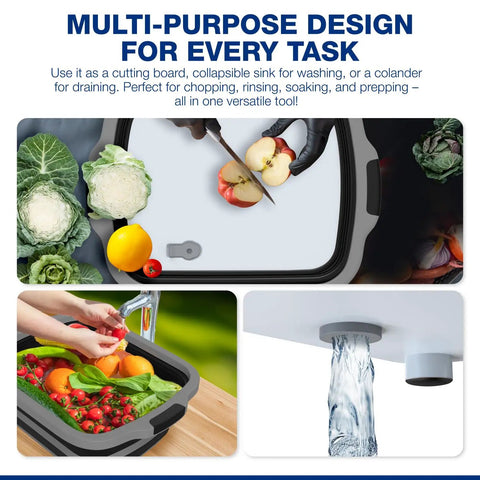 Two Pack XL Collapsible BBQ Prep Tub With Built In Cutting Board Lid And Strainer For Marinating Draining And Prep Big Food Safe Container For Grillin Smokin And Outdoor Cookin Black in use with vegetables