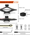 2.5 Ton Universal Scissor Car Jack Kit With Portable Tire Changing System, dimensions and tools displayed.