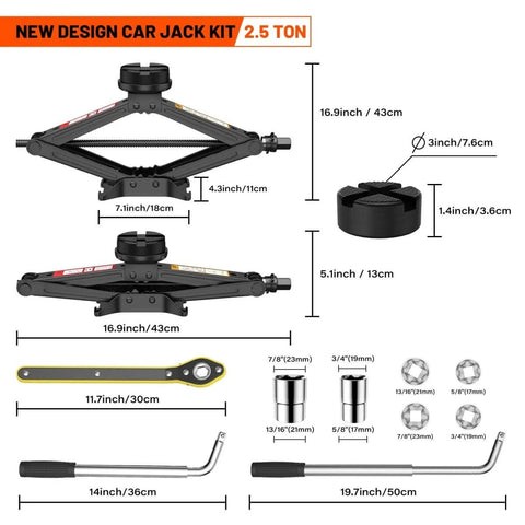 2.5 Ton Universal Scissor Car Jack Kit With Portable Tire Changing System, dimensions and tools displayed.