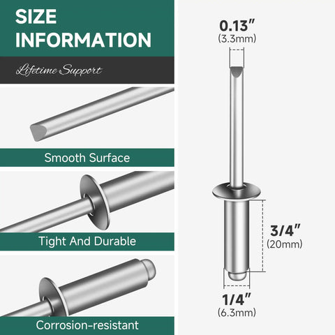 Diagram of 100 Pack Aluminum Blind Rivets 1/4 By 3/4 Inch Pop Rivets For Metal Projects, Steel Mandrel, Aluminum Grip