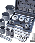 Beefed Up 15 Piece Concrete Hole Saw Kit With SDS Plus Shank And 110mm Connecting Rod Includes 30mm 40mm 50mm 65mm 80mm 100mm Hole Sizes Plus 5 Dust Catchers For Concrete Cement Brick Stone And Wall Built Tough With Tungsten Carbide Tip displayed in case