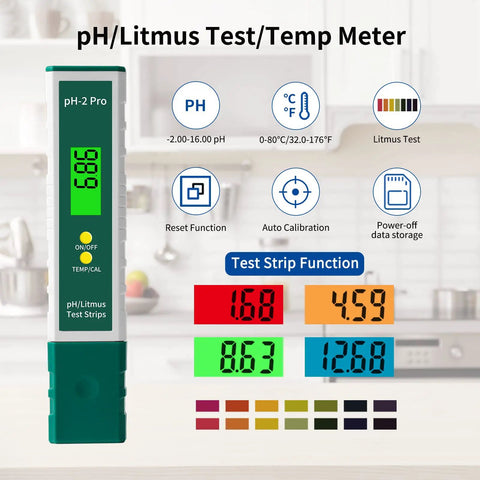 Digital pH and TDS Meter Combo With High Accuracy 0.01 pH Resolution Backlit Display shown with features in a kitchen setting