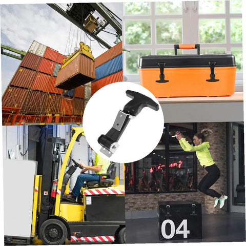 Stainless Steel Flexible T Handle Latches For Tool Boxes And Automotive Use shown on orange toolbox and forklift