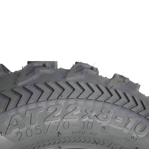 Close-up of tire tread showing Bearclaw EX 22x8x10 Front ATV UTV SxS Tires 6 Ply Aggressive All Terrain Tread With Rim Saver Technology