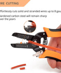 Hands using Pro Grade All In One Wire Stripper And Cutter For Solid And Stranded Wires 22 To 10 AWG with ergonomic grip.