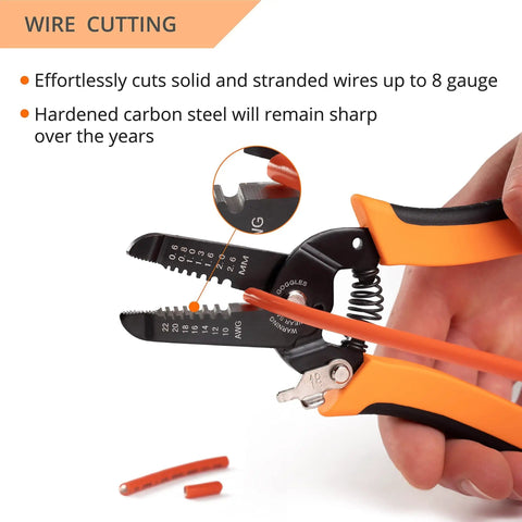 Hands using Pro Grade All In One Wire Stripper And Cutter For Solid And Stranded Wires 22 To 10 AWG with ergonomic grip.