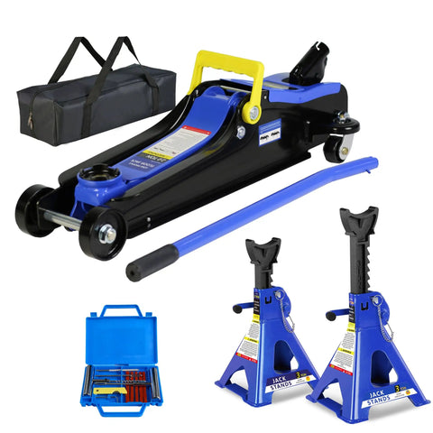 2 Ton Floor Jack Kit With Jack Stands And Tire Repair Tools For Garages And Shops Portable Heavy Duty Steel Pro Grade Lifts Cars Trucks SUVs From 3.3 To 15.2 Inches Ideal For DIY Auto Repair