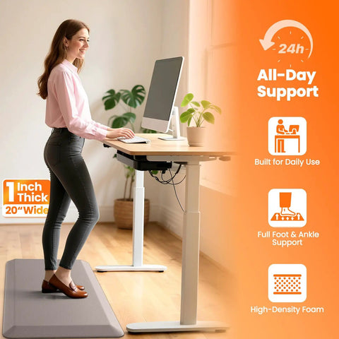 Woman standing on Ultra Thick 1 Inch Anti Fatigue Kitchen Mat 20 By 39 Inches Non Slip Waterproof Floor Mat in home office