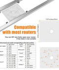Diagram showing compatibility chart and dimensions for 58 Inch Router Sled For Flattening Slabs, 3 Axis Adjustable High Precision Jig.