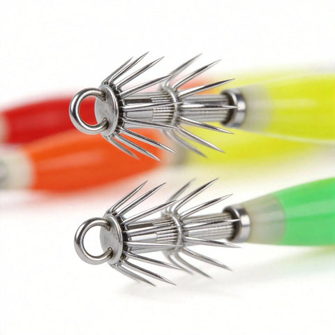 Close-up of Night Fishing Glow In The Dark Squid Jigs Kit 10 Pcs showing fluorescent hooks in red, orange, yellow, green