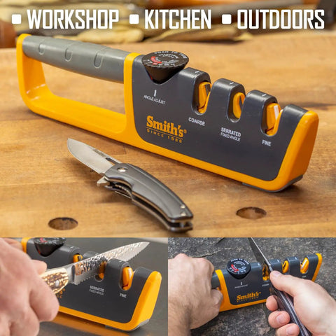 Adjustable Angle Knife Sharpener with 2-stage coarse and fine sharpening for serrated and straight edge blades, portable gray and yellow.