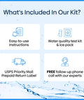 Hella Reliable Home Water Quality Test Kit That Checks 57 Contaminants For Clean Tap And Well Water With Accredited Lab Reports showing included items.