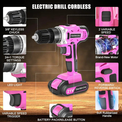 20V Cordless Drill Kit With 2 Batteries, Charger, 3/8 Inch Keyless Chuck, 24 Plus 1 Torque Settings, 2 Speed, LED Work Light, pink design