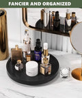 Turntable Vanity Tray 10 Inch Multiuse Organizer for Perfume Candles Jewelry and Cosmetics Bamboo Countertop Holder in use on vanity