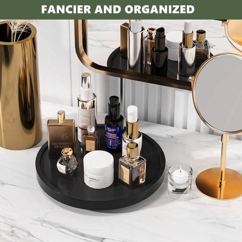 Turntable Vanity Tray 10 Inch Multiuse Organizer for Perfume Candles Jewelry and Cosmetics Bamboo Countertop Holder in use on vanity