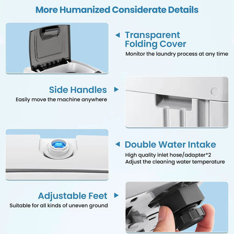 More features of Fully Loaded Portable Washer With Turbo Spin Cycle, including side handles and a transparent cover.