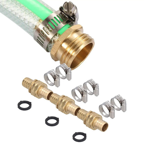 3/4 Inch Garden Hose Repair Connector Set, Brass Fittings For 3/4 Or 5/8 Inch Hoses, Leak Proof Threaded Joint, Includes Washers and Clamps