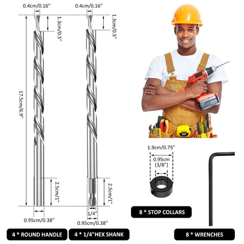 8 Piece 3/8 Inch Pocket Hole Drill Bit Set with Depth Stop Collar and Wrench, manual pocket hole jig kit details shown