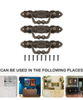 Vintage Cabinet Door Pull Handles Set Of 3 Antique Bronze Old School with screws on white background