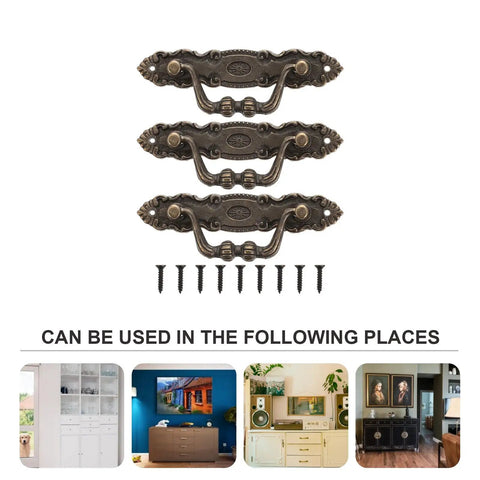 Vintage Cabinet Door Pull Handles Set Of 3 Antique Bronze Old School with screws on white background