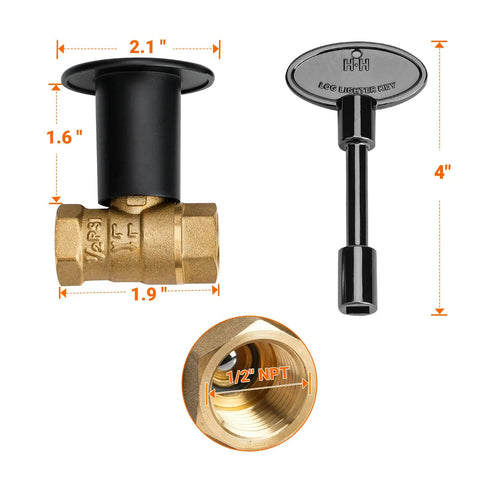 One Half Inch Gas Key Valve Kit For Fire Pit And Fireplace With Black Flange, Brass Ball Valve, 1/2 NPT Thread, Dimensional View