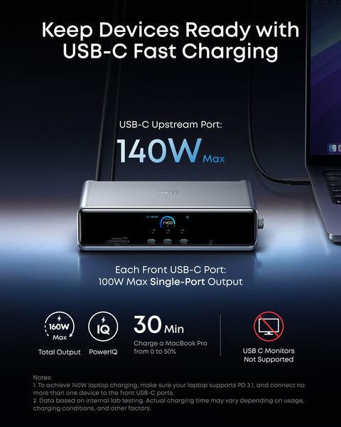 Prime Docking Station With Fourteen Ports For A Slick Triple 4K 60Hz Setup in use with USB-C fast charging and power delivery.