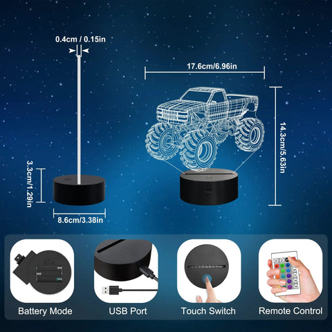 Dimensions and features of Lit 3D Monster Truck Night Light For Kids With 16 Color Changing LEDs Car Shaped Acrylic Lamp For Desk Bedroom Decor Perfect For Sleep Time Stories And Birthday Gifts