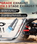 Three Stage Exhaust System With Stainless Silver Tip For Predator 212cc And 196cc 6.5HP Engines displayed with parts and bike
