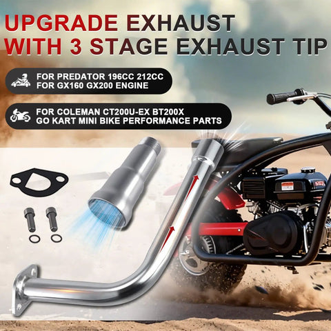 Three Stage Exhaust System With Stainless Silver Tip For Predator 212cc And 196cc 6.5HP Engines displayed with parts and bike