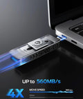 1TB Dual Port USB 3 Point 2 Gen 2 Type C And USB A External SSD Drive With Push Pull Design 560 MB Read Speed connected to laptop
