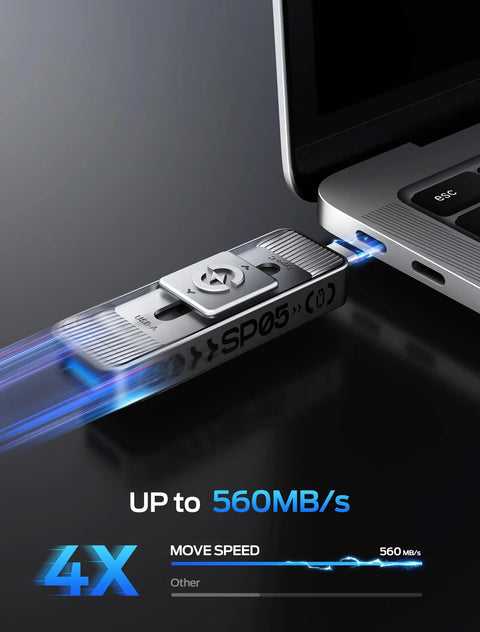 1TB Dual Port USB 3 Point 2 Gen 2 Type C And USB A External SSD Drive With Push Pull Design 560 MB Read Speed connected to laptop
