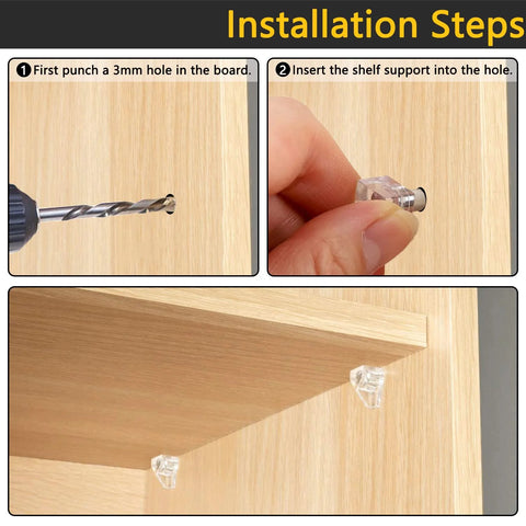 Installation steps for 5 Millimeter Clear Plastic Shelf Support Pins Pack Of 20 For Cabinets Kitchen Shelves Bookcases And Furniture Replacement Pegs.