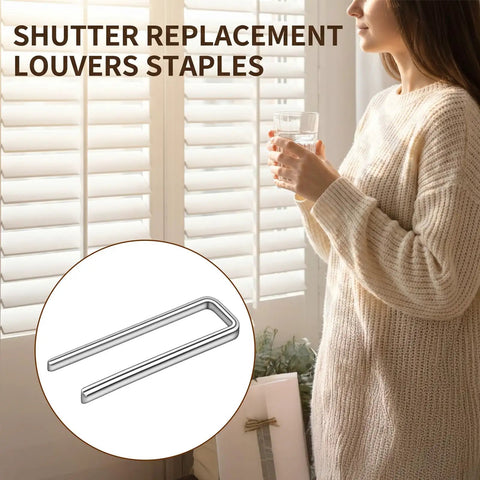 160 Piece Silver Plantation Shutter Repair Kit with Sturdy Louver Pins for Blinds Replacement Heavy Duty Durability ensures a smooth No Sweat Fix for Your Windows and Doors Every Time shown with stainless steel staple in the foreground.