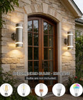 Dope Modern Cylinder Outdoor Wall Light Stainless Steel Porch Sconce With Nickel Finish UL Listed Garden Patio Lantern, 360 Degree Clear Glass Halo, Up Down Lighting, Weatherproof installed beside double doors.