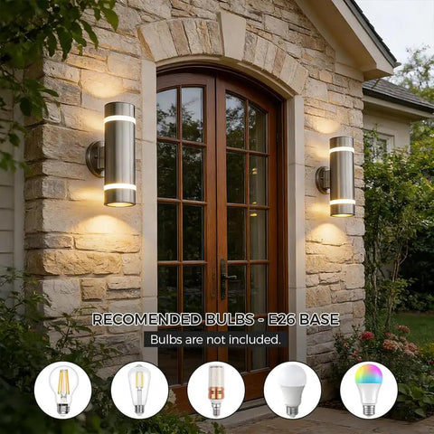 Dope Modern Cylinder Outdoor Wall Light Stainless Steel Porch Sconce With Nickel Finish UL Listed Garden Patio Lantern, 360 Degree Clear Glass Halo, Up Down Lighting, Weatherproof installed beside double doors.