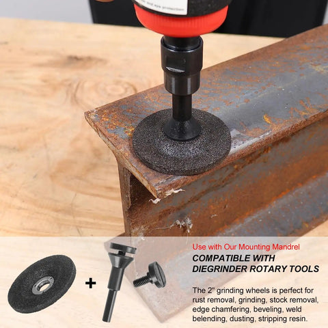Heavy Duty 2 Inch Die Grinder Grinding Wheels Set With Depressed Center Type 27 Discs 3/8 Inch Arbor And 1/4 Inch Mandrel in use on metal