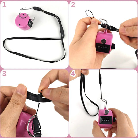 Dang Solid Four Digit Mechanical Tally Clicker Counter In Bright Pink with black lanyard, showing assembly process for easy use.