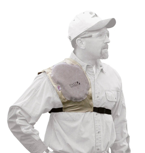 Man wearing Recoil Shield With Adjustable Fit And Cushioned Padding For Shotgun And Rifle Reduces Recoil Bruising, tan pad visible