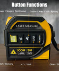No Fuss 4 In 1 Laser Tape Measure With Slick 328ft Digital Distance Meter showing button functions for laser measurement and tape.