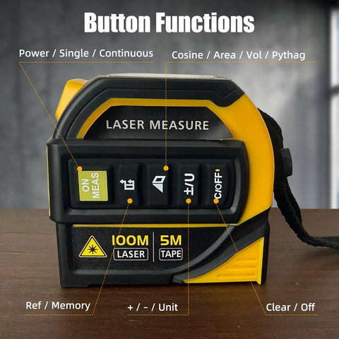 No Fuss 4 In 1 Laser Tape Measure With Slick 328ft Digital Distance Meter showing button functions for laser measurement and tape.