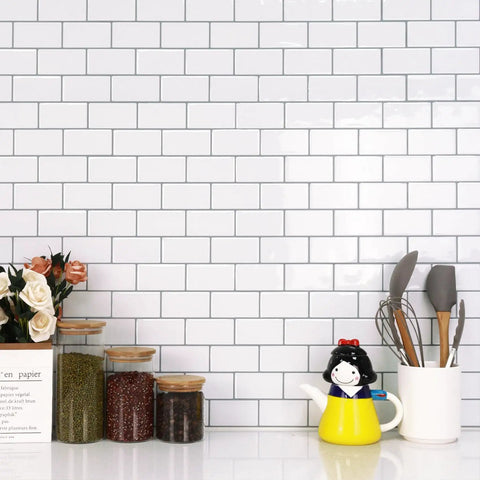 Upgraded Peel And Stick Subway Tile Backsplash Kit 10 Self Adhesive 12 Inch Square White Tiles Realistic 3D Texture in kitchen