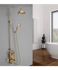 Modern Wall Mounted Shower System With Large Rainfall Shower Head And Ergonomic Handheld Sprayer Matte Black Bathroom Faucet Set in stylish bathroom setting.