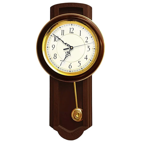 Wall-mounted clock using DIY Quartz Clock Movement Kit Replacement Mechanism With 0.9 Inch Pendulum Rod, brown casing, brass accents.