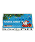 Box of 125V Glass Fuses Kit For Outdoor Christmas Lights And Fans, 100 Piece Replacement Set, colorful packaging with Santa design