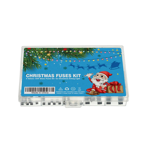 Box of 125V Glass Fuses Kit For Outdoor Christmas Lights And Fans, 100 Piece Replacement Set, colorful packaging with Santa design