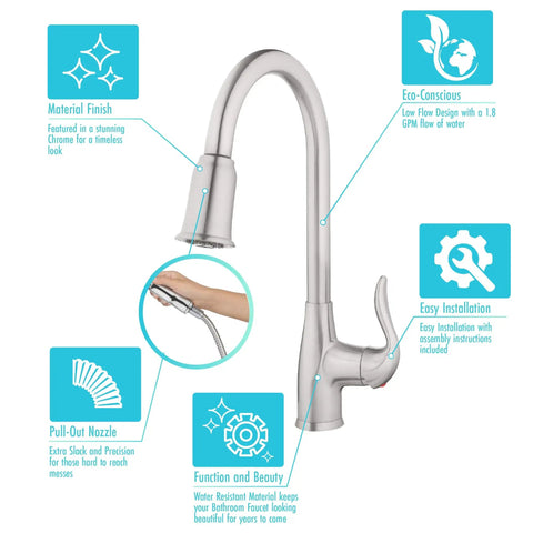 Diagram of High Arc Pull-Down Kitchen Faucet With Single Lever Handle In Polished Chrome, Easy No-Fuss Operation, featuring dual spray modes.