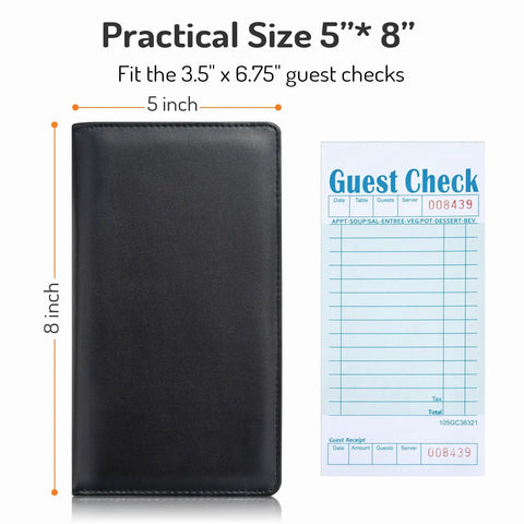 Premium Leather Server Book With Dual Zipper Pockets For Waitress And Bartender 5x8 inches next to guest check.